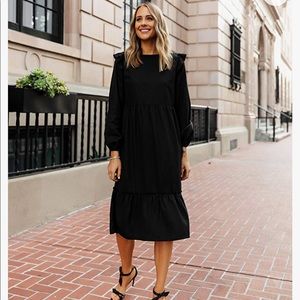 The Drop Black Ruffle-Shoulder Tiered Midi Dress S
